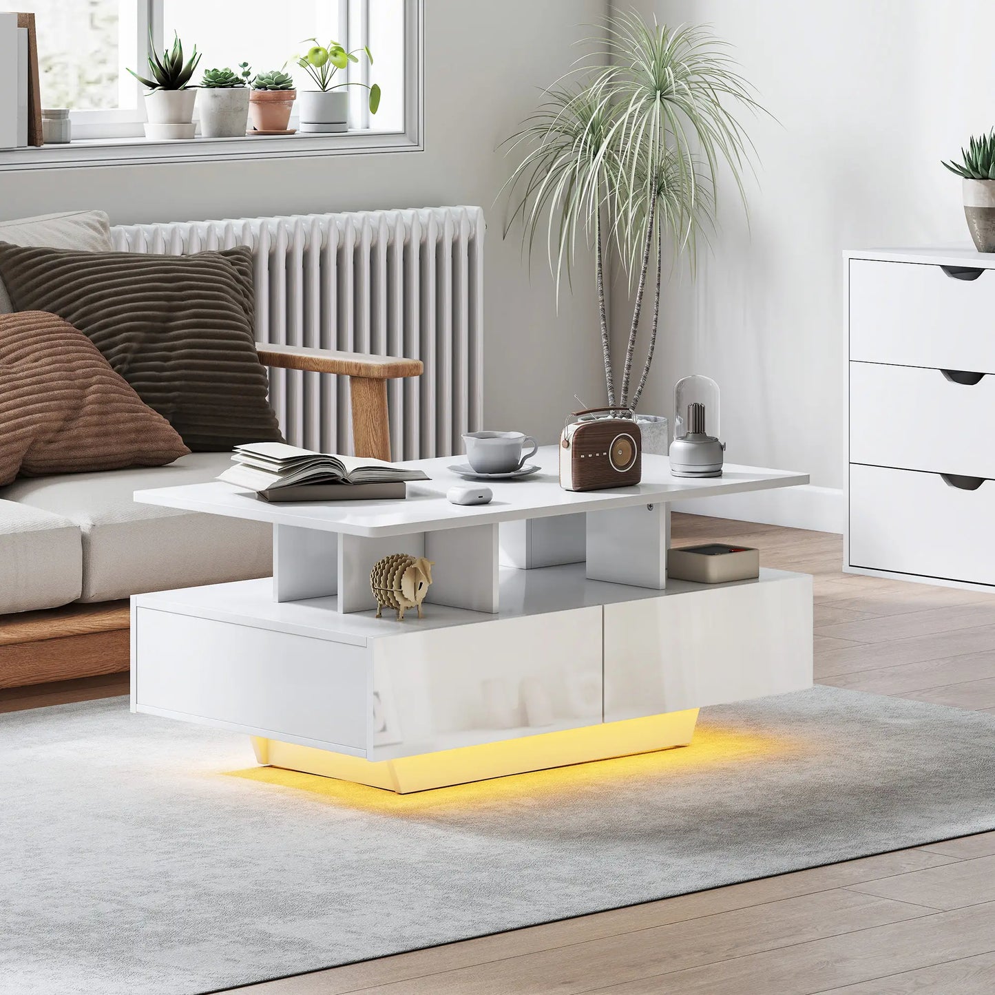 RGB LED Coffee Table with 4 Drawers, High Gloss White