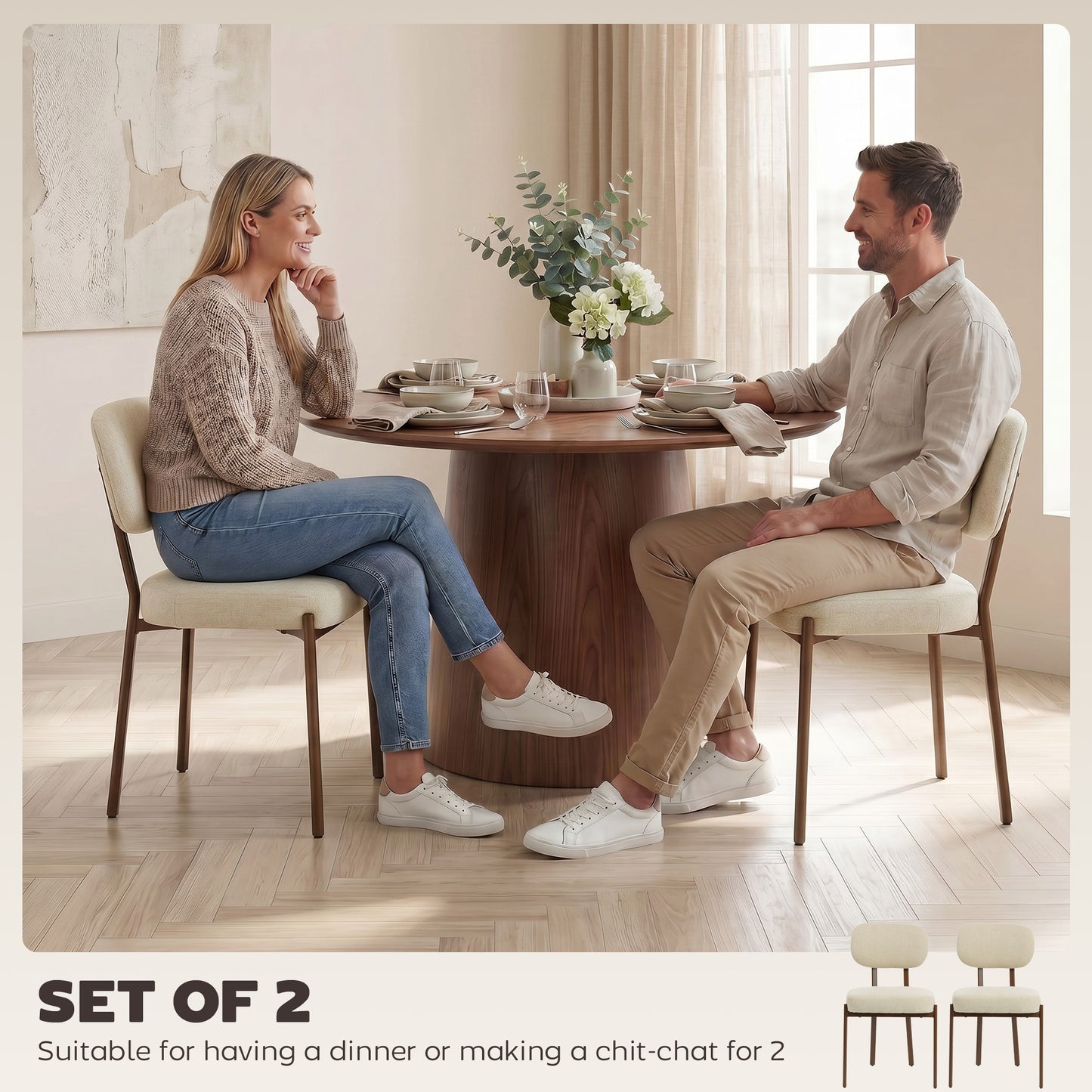 Tufted Upholstered Dining Chairs with Metal Legs, Beige (Set of 2)