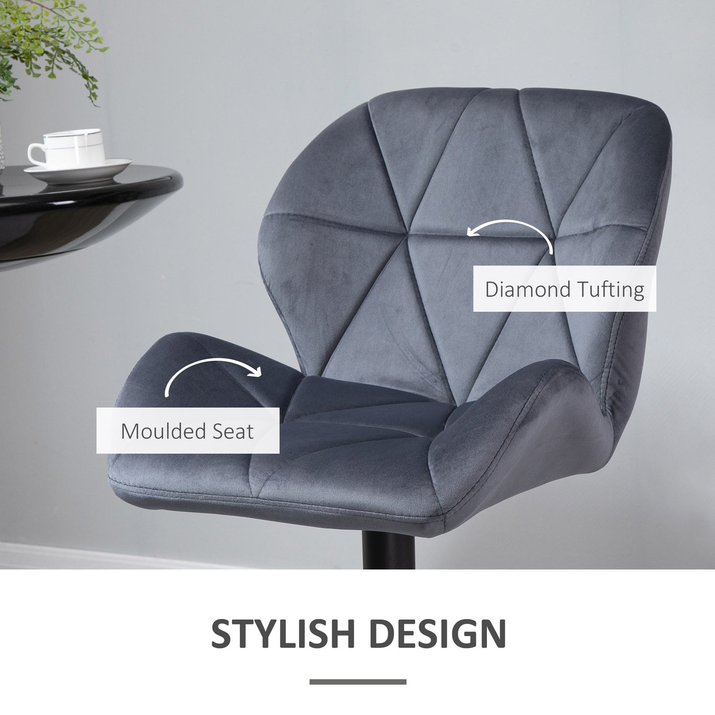 Velvet-Touch Adjustable Height Bar Stools with Diamond Tufting, Gray (Set of 2)
