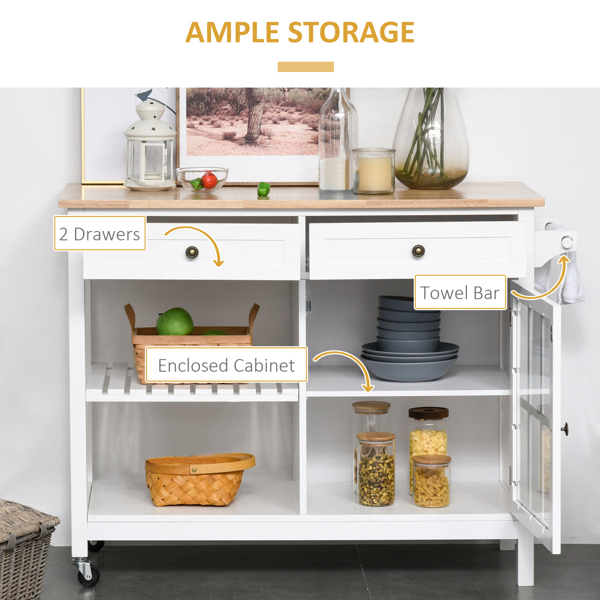 Rolling Kitchen Utility Cart with Rubber Wood Top and Towel Rack and Cabinet, White