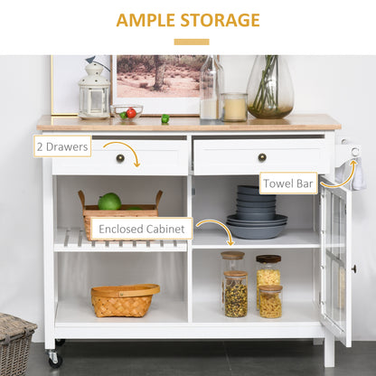 Rolling Kitchen Utility Cart with Rubber Wood Top and Towel Rack and Cabinet, White