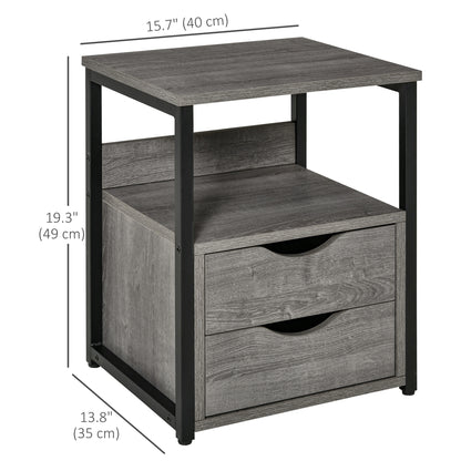 Industrial Style Nightstand with 2 Drawers and Storage Shelf, Gray