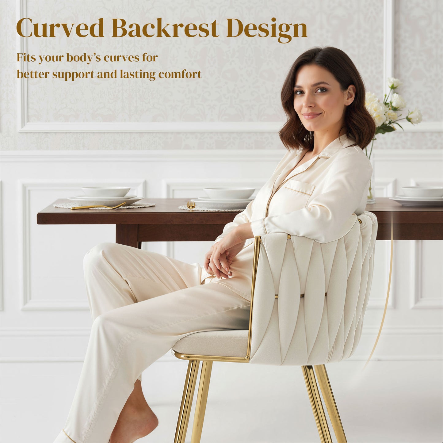Upholstered Dining Chairs with Woven Backrest, Cream White (Set of 2)