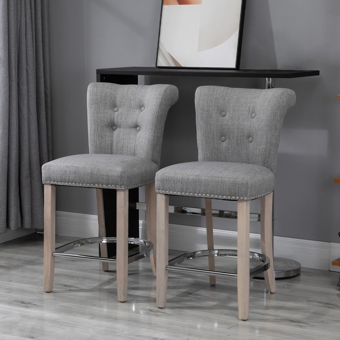 Upholstered Counter Stools with Button Tufted Back and Wood Legs, Gray (Set of 2)