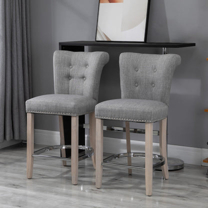 Upholstered Counter Stools with Button Tufted Back and Wood Legs, Gray (Set of 2)