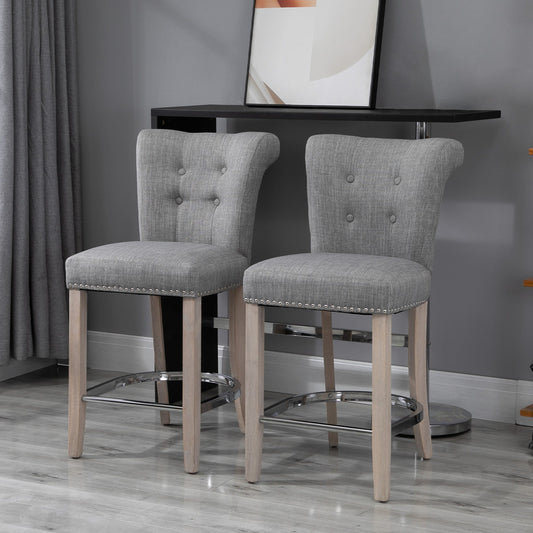 Upholstered Counter Stools with Button Tufted Back and Wood Legs, Gray (Set of 2)