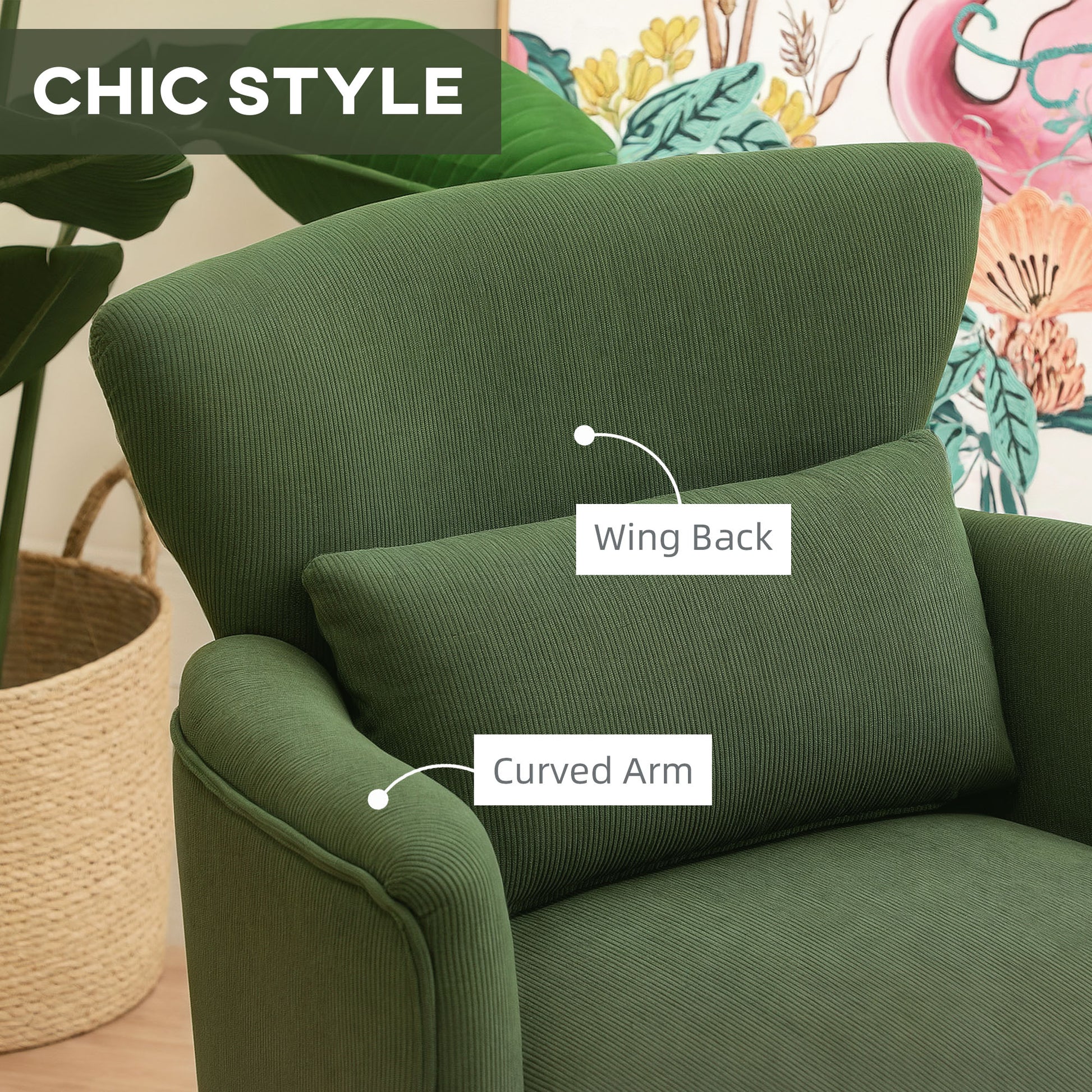 Upholstered Accent Chair with Wood Legs, Green