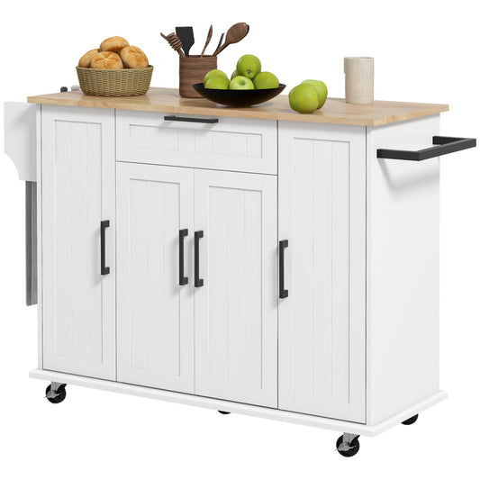 Rolling Kitchen Island Cart with Wood Top and Towel Rack and Cabinet, Natural