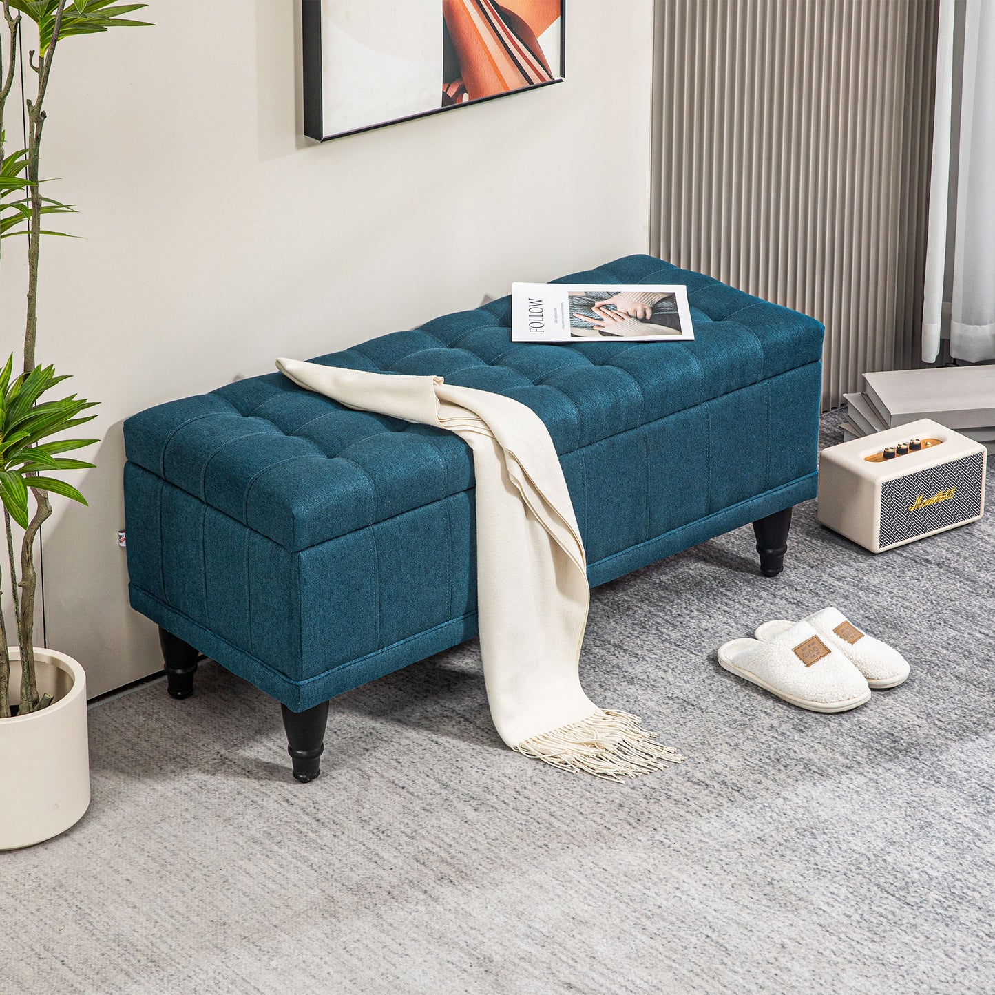 Linen Fabric Storage Bench with Button Tufted Design, Blue