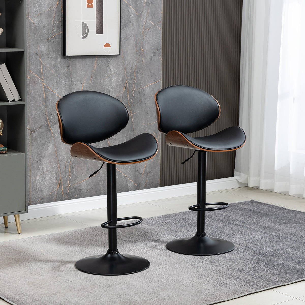 Adjustable Swivel Bar Stools with PU Leather Upholstery and Footrest, Black (Set of 2)