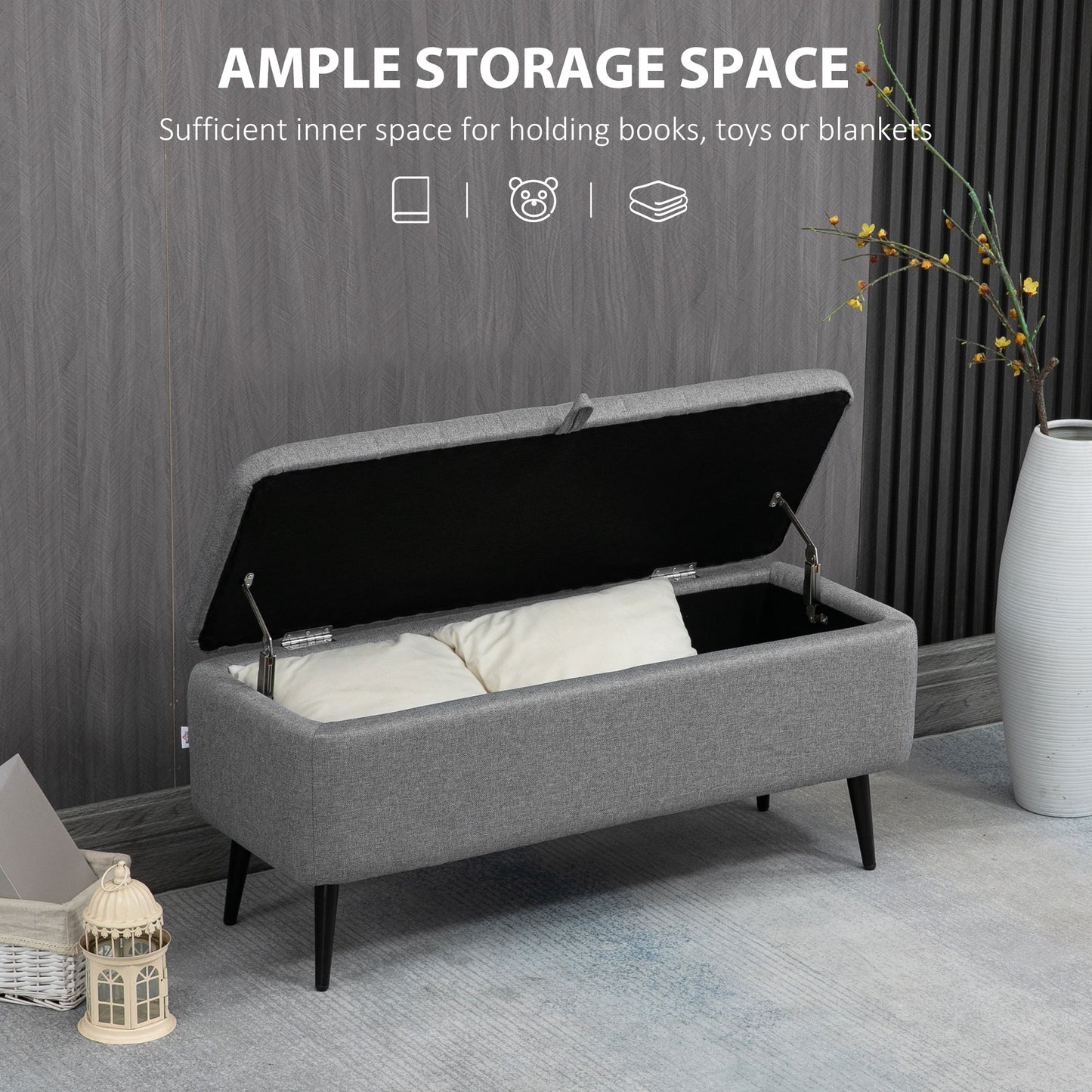 40" Linen Storage Ottoman Bench with Steel Legs, Gray