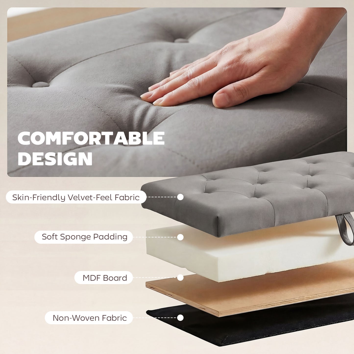 Upholstered Storage Bench with Wood Legs, Grey