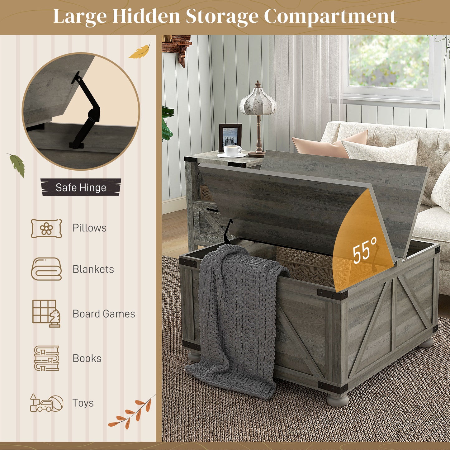Extendable Lift-Top Coffee Table with Storage, Grey
