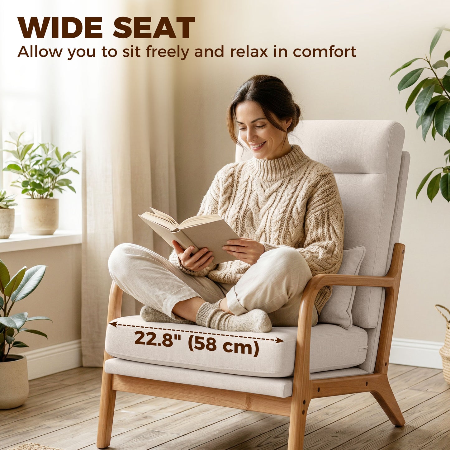 Upholstered Accent Chair with Wood Legs, Cream White