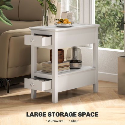 Narrow Side Table with Built-in Charging Station and USB Ports, White