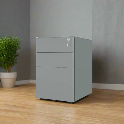 3-Drawer Steel Filing Cabinet with Wheels and Security Lock - Grey