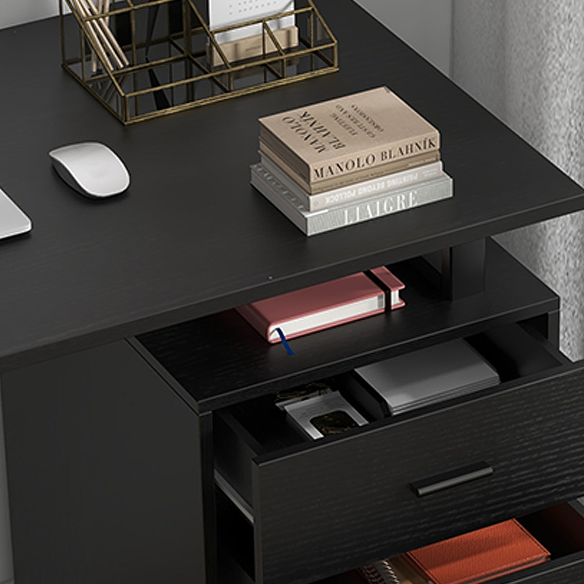 47" Computer Desk with Reversible 3-Drawer Cabinet, Black