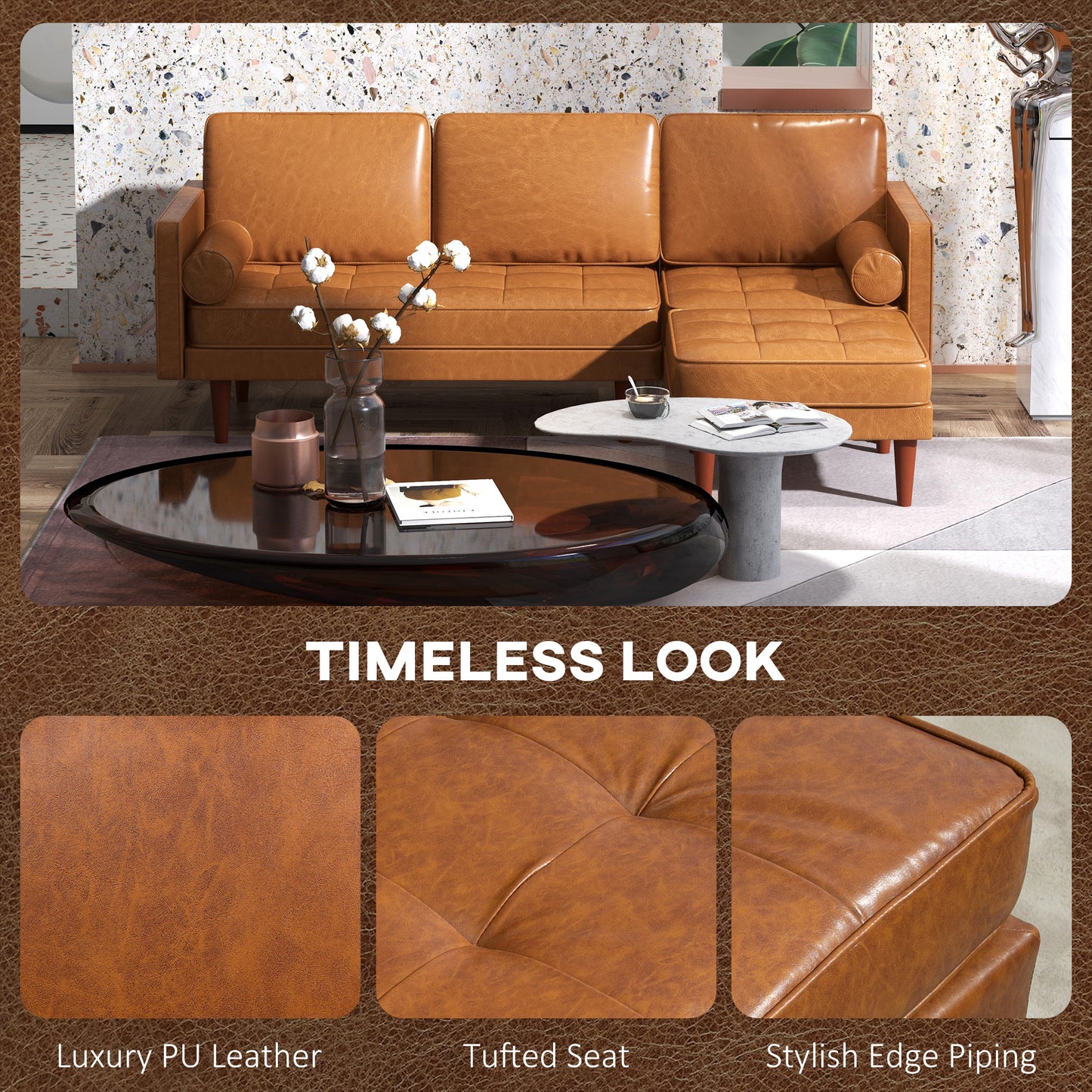 Faux Leather L-Shaped Sectional Sofa with Footstool and Pillows, Brown