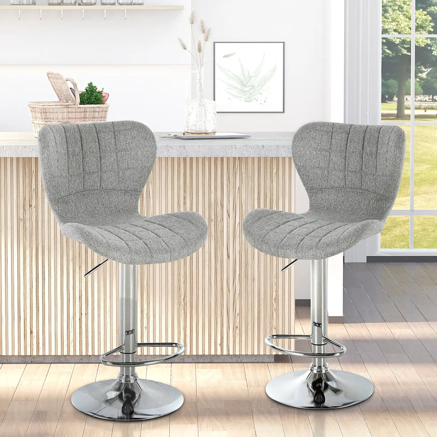 Adjustable Swivel Counter Stools with Linen Fabric, Gray (Set of 2)