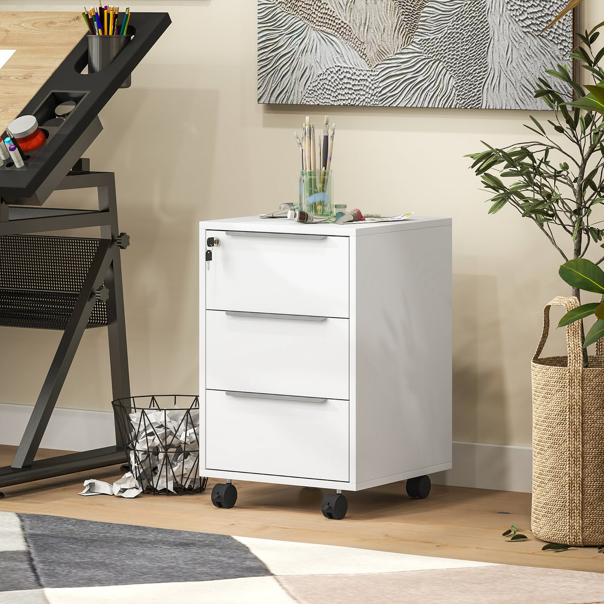 3-Drawer File Cabinet with Wheels, Vertical Filing Cabinet with Lock, White