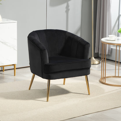 Channel-Tufted Tub Armchair with Velvet Upholstery and Gold Legs, Black