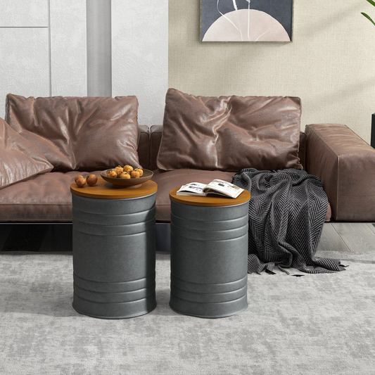 Round Nesting Side Tables with Hidden Storage and Wooden Lids, Gray (Set of 2)