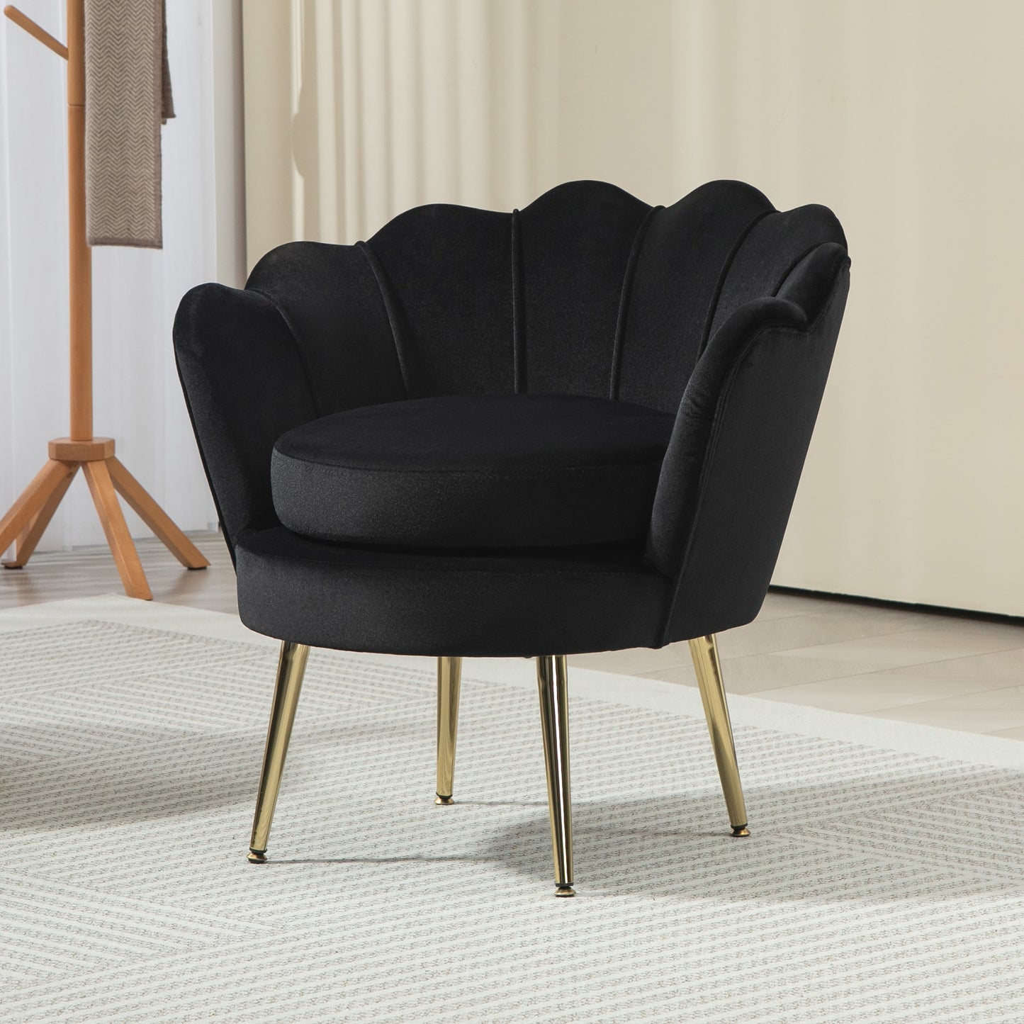 Modern Velvet Accent Chair with Lotus Backrest and Gold Legs, Black