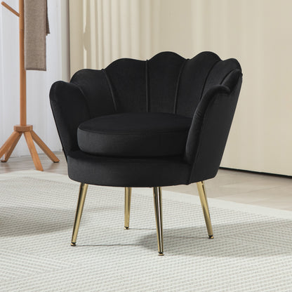 Modern Velvet Accent Chair with Lotus Backrest and Gold Legs, Black