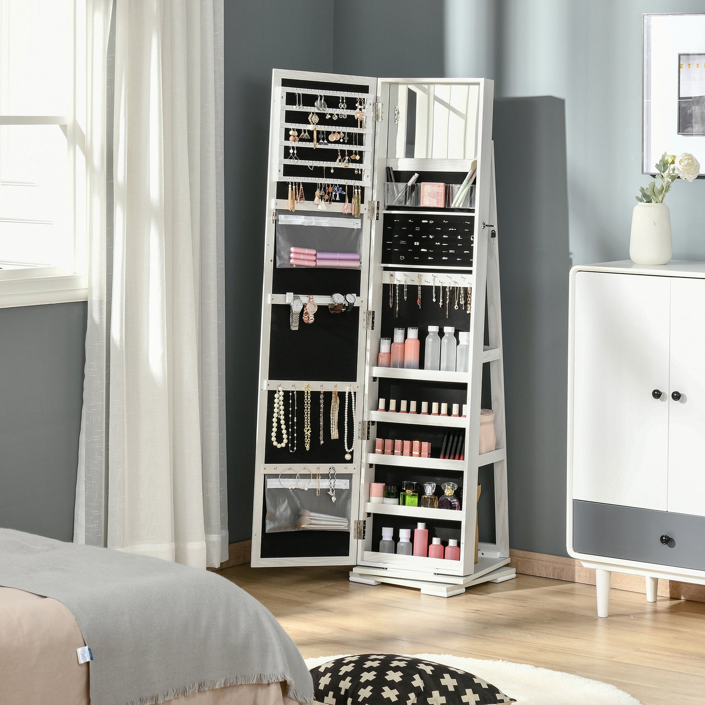 360° Swivel Jewelry Armoire with Lockable Mirror Cabinet, White