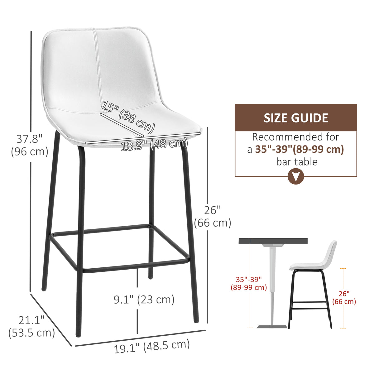 Counter-Height Bar Stools with Upholstered Seat and Metal Legs, Cream White (Set of 2)