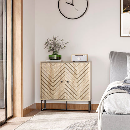 Modern Sideboard Buffet with Chevron Doors and Steel Base, Oak