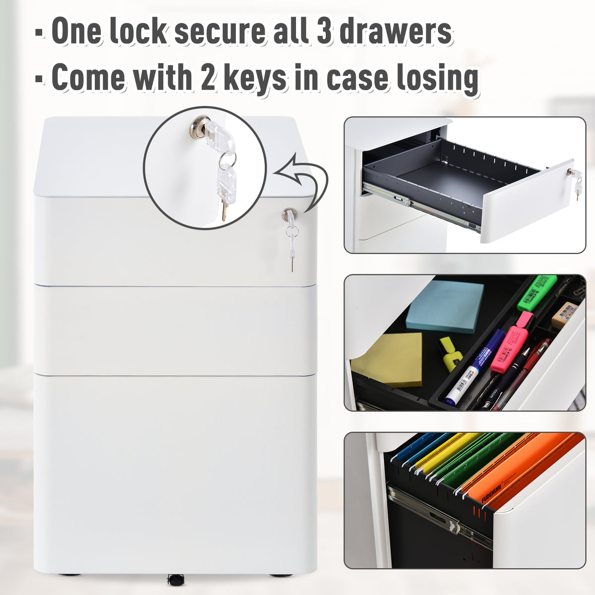 3 Drawers Steel File Cabinet with Lock and 5 Wheels Under Desk Mobile Filing Cabinet for Legal A4 Letter Size Home & Office White 3-Drawer W/Wheels Storage Chest Lockable