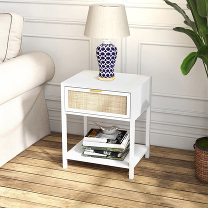 Boho Nightstand with Rattan Drawer and Open Shelf, White