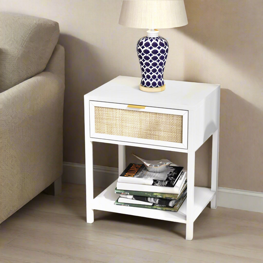 Boho Nightstand with Rattan Drawer and Open Shelf, White