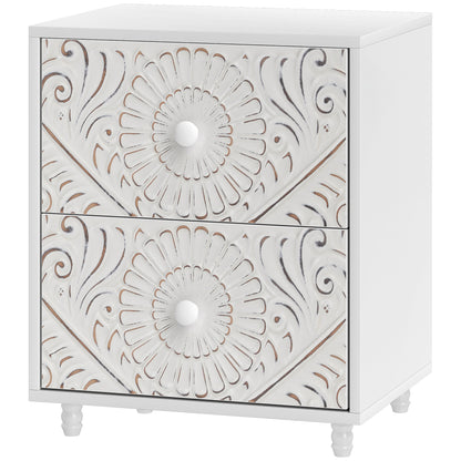 Mid-Century Nightstand with Unique Carved Details and 2 Drawers, White