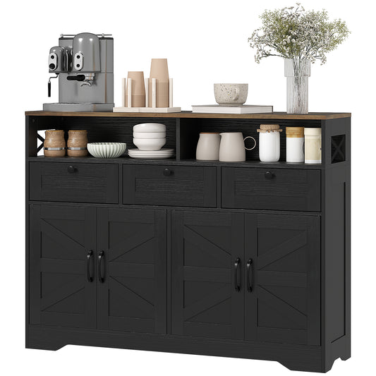 Sideboard Buffet Cabinet with Barn Doors and Drawers, Black