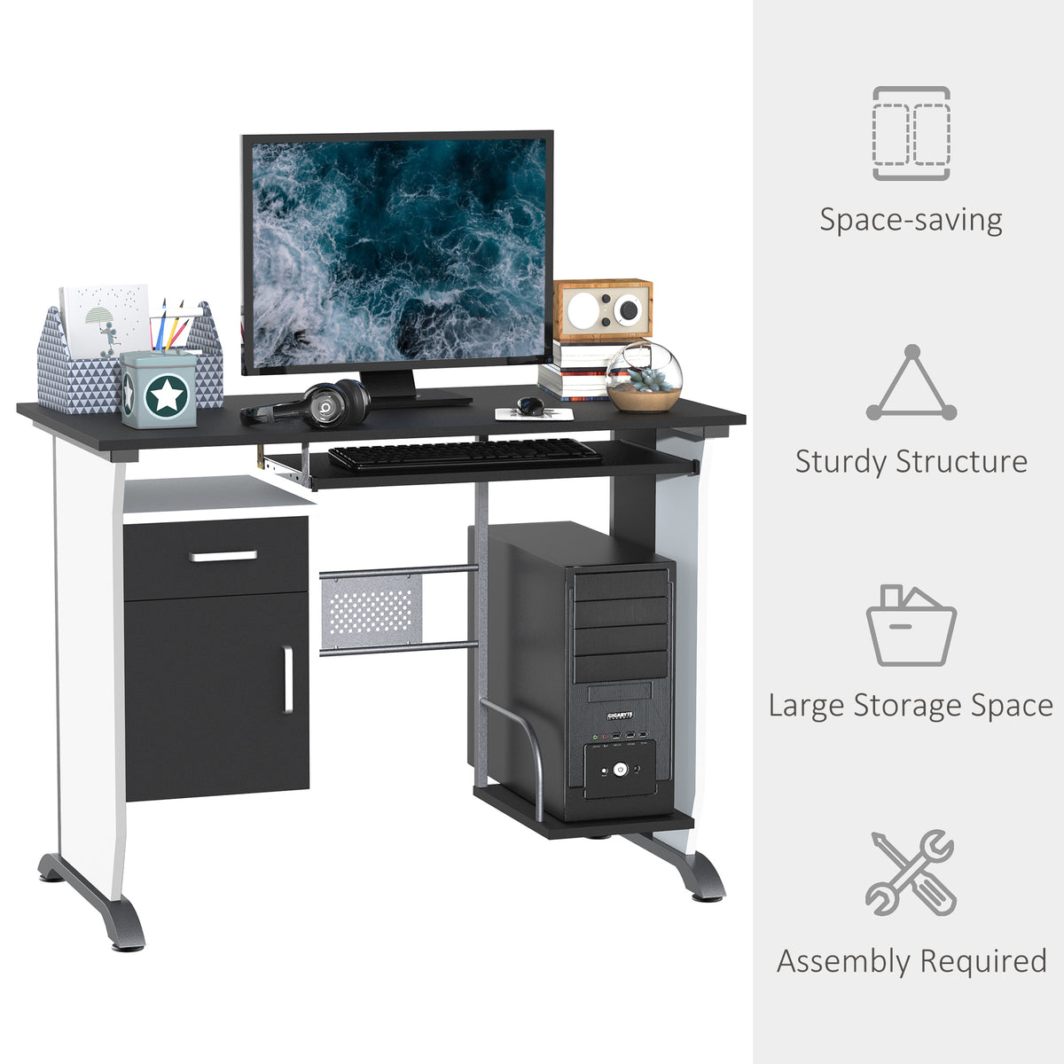 Computer Desk with Keyboard Tray and CPU Stand, Black and White