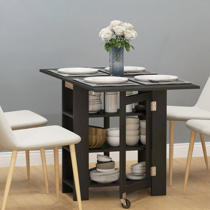 Folding Dining Table with Built-In Storage Shelves - Black