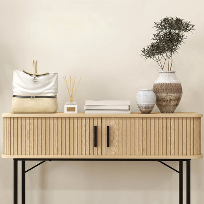39" Mid-Century Console Table with Sliding Tambour Doors, Oak and Black