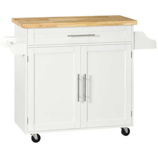 Rolling Kitchen Trolley with Rubber Wood Top and Spice Rack and Drawer, White