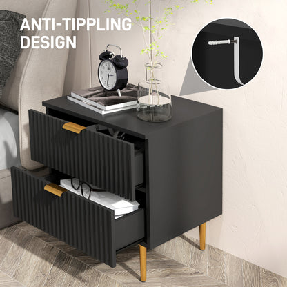 Modern Nightstand with Gold Finger Pulls and Fluted Drawers, Black