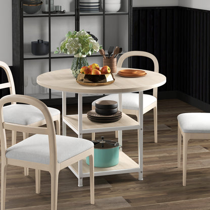 39" Round Industrial Dining Table with Storage Shelves for 4-6 People, Oak