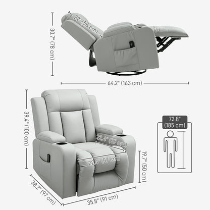 360° Swivel Massage Recliner Chair with Cup Holders, Light Grey