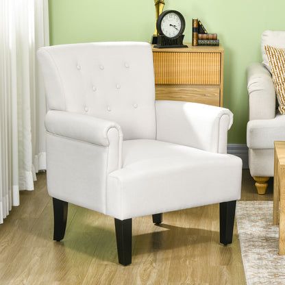 Fabric Accent Chair with Wood Legs and Rolled Arms, Cream White
