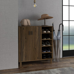17 Pair Shoe Storage Cabinet with Double Doors and Open Shelves, Walnut