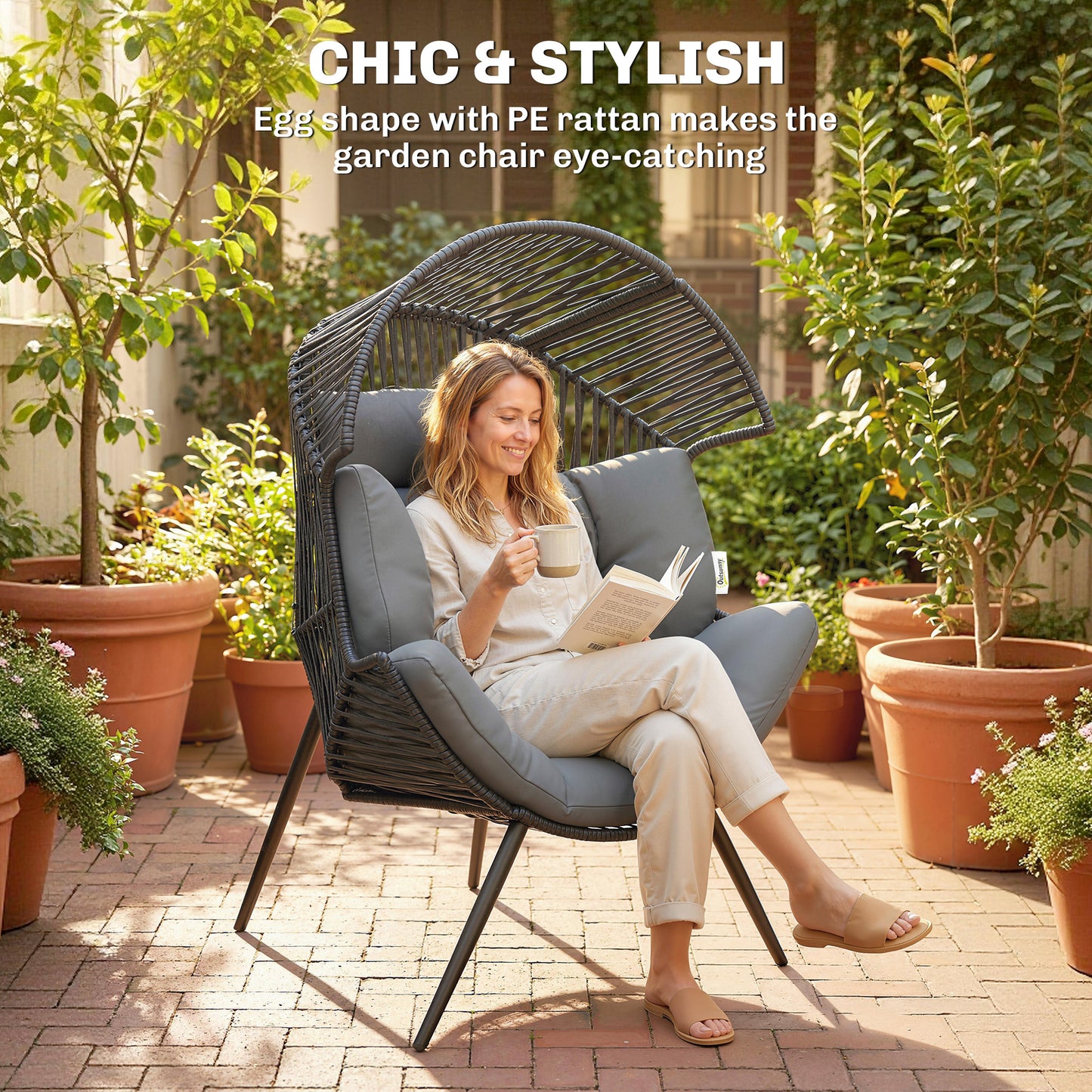 Grey Wicker Indoor-Outdoor Egg Chair with Cushion