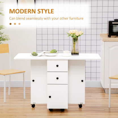 Rolling Dining Table with Storage Drawers and Cabinet - White