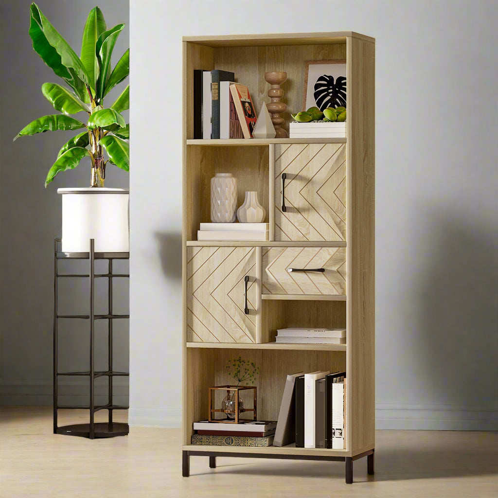 59" Storage Bookcase with Cabinets and Drawer, Natural Wood