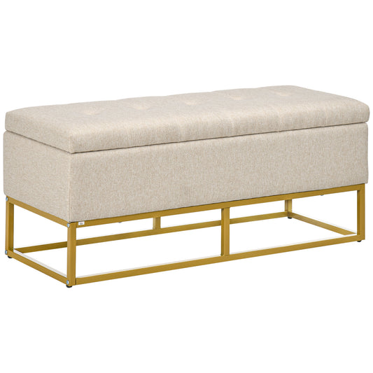Linen Upholstered Storage Bench with Steel Legs, Beige