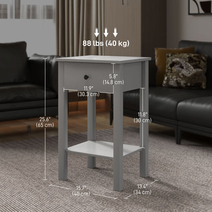 2-Tier Side Tables with Drawer and Shelf, Gray (Set of 2)
